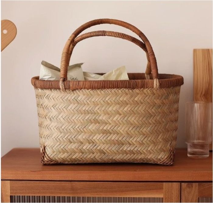 竹製持ち手付きバスケット かご バンブス フェイク PE 竹 ワンハンドル バスケット 山型