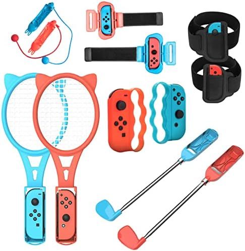 スイッチスポーツ用 ハンドル アクセサリー Switch Sports対応 体感スポーツ ゴルフ テニス 縄跳び ボクシング 没入感体験 Switch|Switch OLED コントローラ用 レッグ|リストストラップ 12 in 1セッ