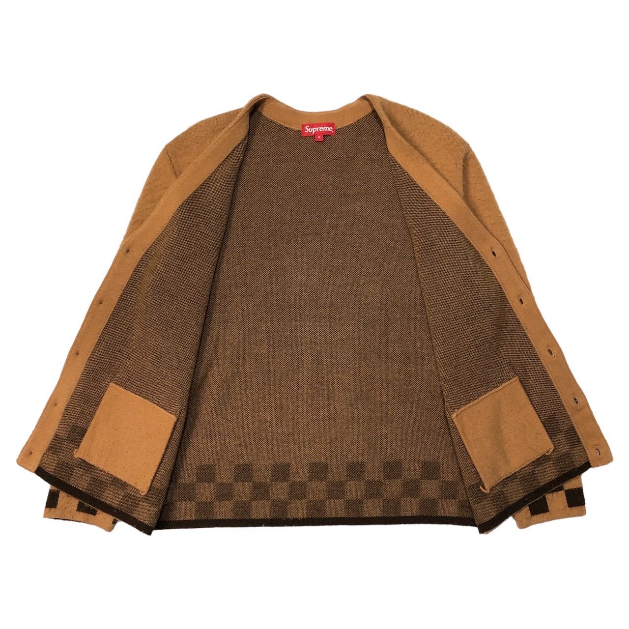 SUPREME(シュプリーム) 21SS Brushed Checkerboard Cardigan Camel  ブラッシュドチェッカーボードニットカーディガン モヘアライク SIZE S ブラウン×ブラック　キャメル ㈱SUPREME