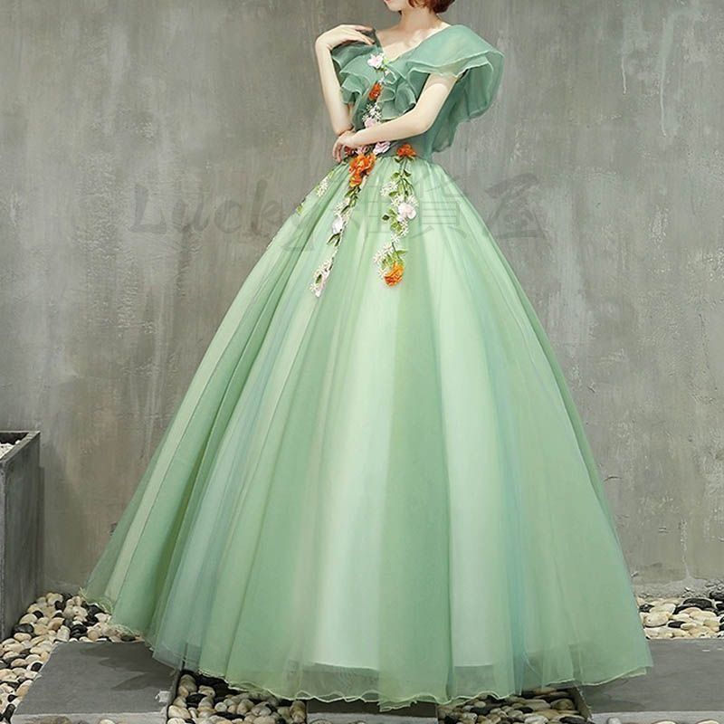 豪華！ グリーン カラードレス Aライン トレーン オフショルダー