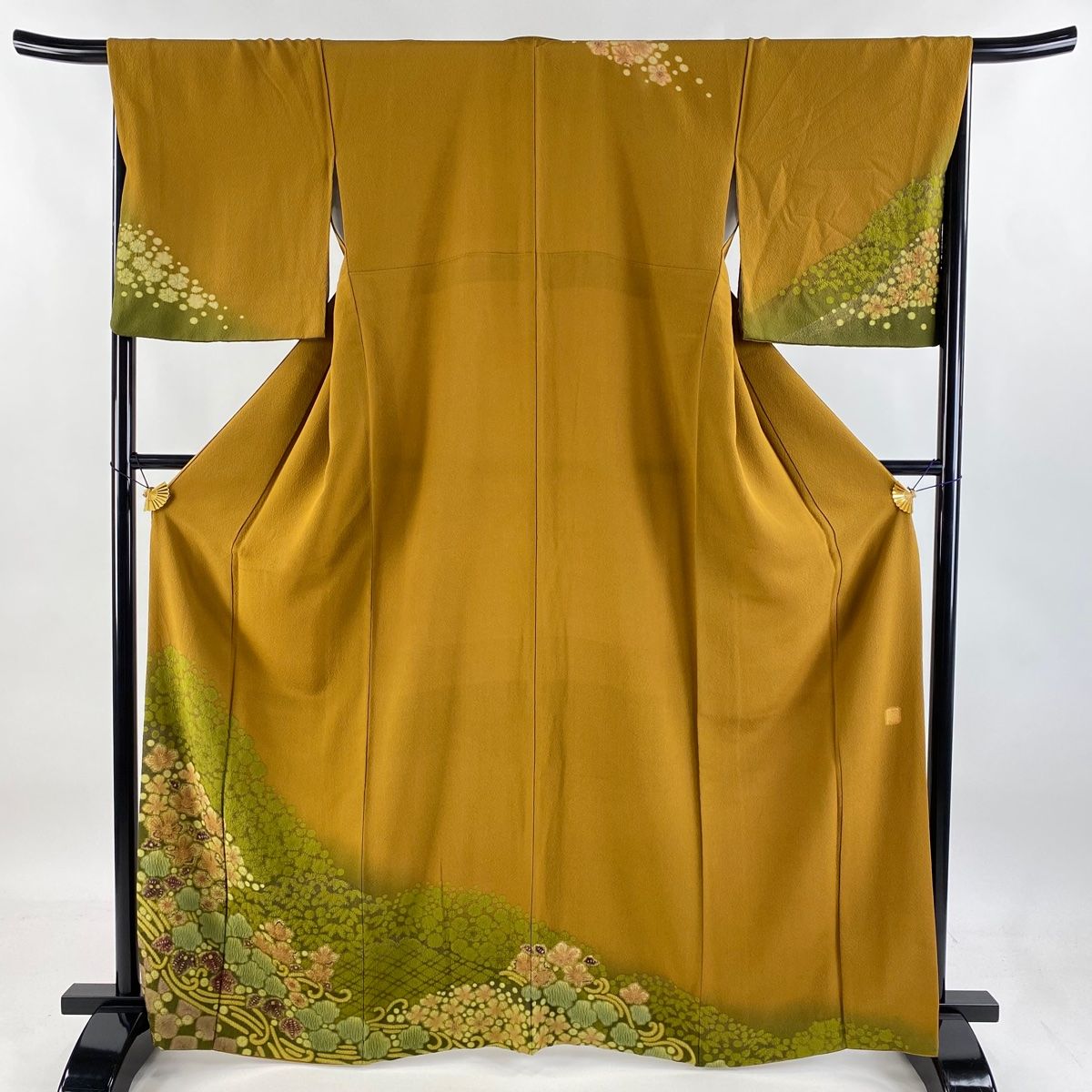 訪問着 身丈165.5cm 裄丈67.5cm L 袷 滝泰 落款 草花 笹 金彩 染め分け 黄土色 正絹 名品