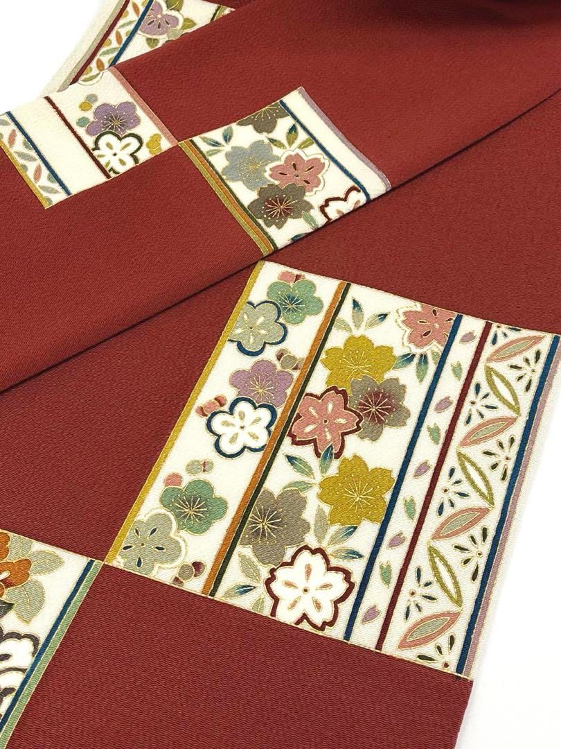 岡重謹製 九寸名古屋帯 新品未使用品 金彩 浜ちりめん 正絹 紅鳶色 