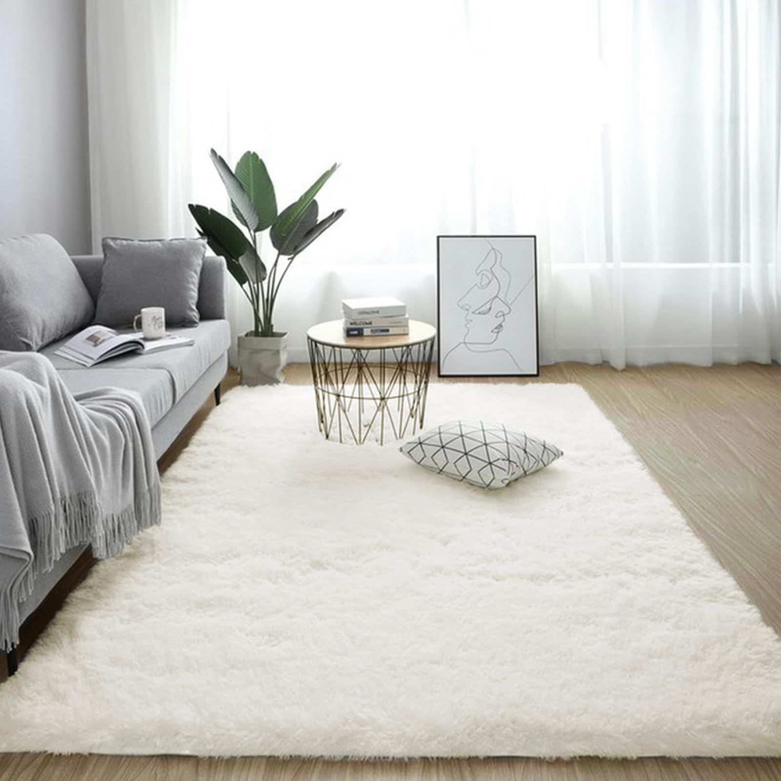 ROCYJULIN ラグマット カーペット 約2畳 おしゃれな北欧風シャギーラグ 全厚約5cm 洗えるラグ 厚毛足約4cm ふわっとした手触り 防音絨毯 厚手じゅうたん 滑り止め付き オールシーズン快適に使用 長方形 アイボリー 160*200cm