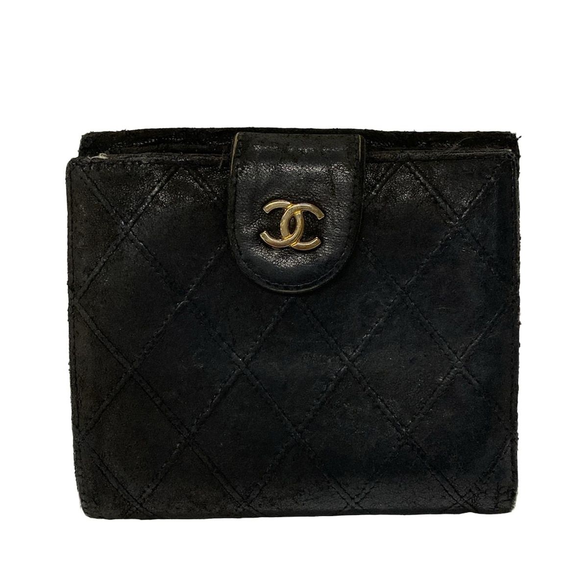 【CHANEL シャネル 2つ折り財布 ブラック レザー ココマーク】 CHANEL シャネル ココマーク がま口 キャビアスキン レザー二