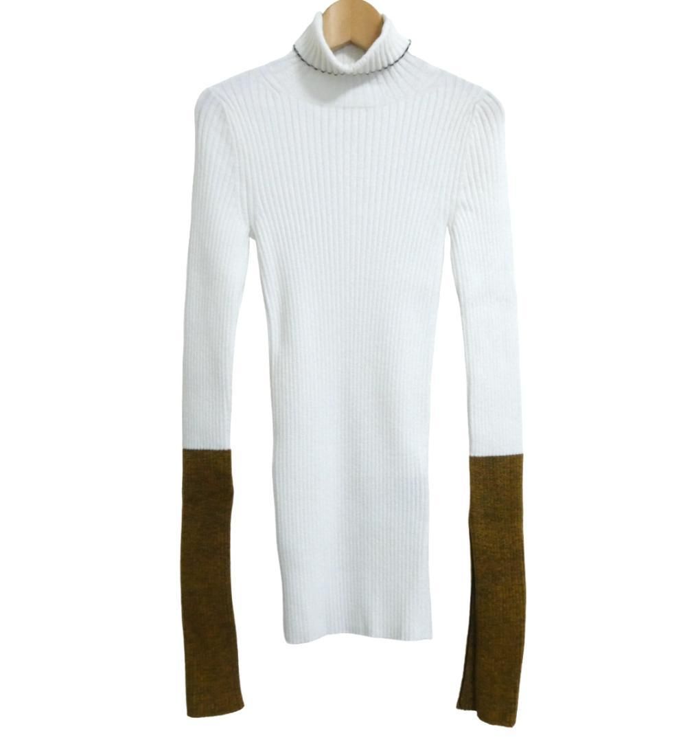新品同様 MONCLER GENIUS モンクレールジーニアス MAGLIONE TRICOT CICLISTA ニット セーター プルオーバー タートルネック 袖切替 スリット 長袖 レーヨン×ナイロン ホワイト×ブラウン サイズXS レディース