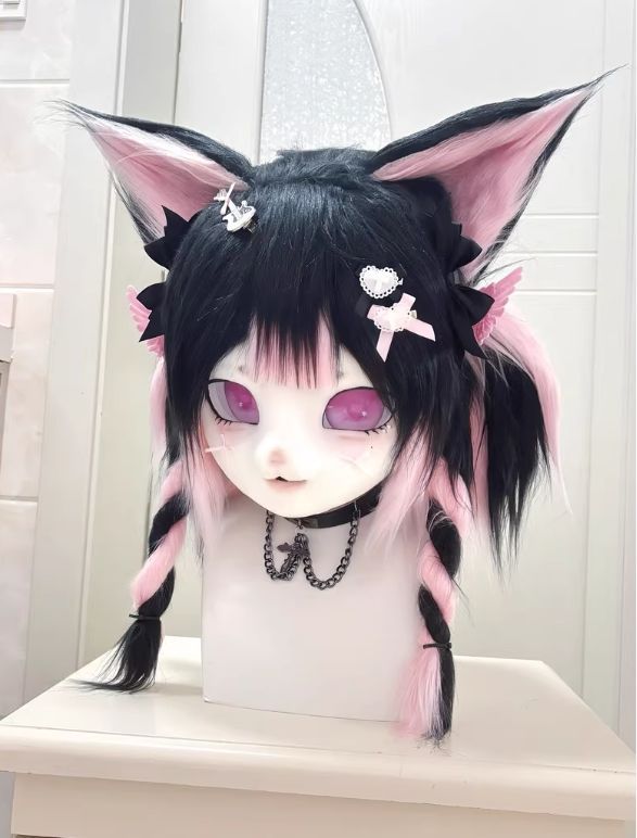 着ぐるみヘッド kigurumi NO.20 ブラック ピンク 猫 ファー 着ぐるみヘッド kigurumi NO.20 ブラック ピンク 猫 ファー