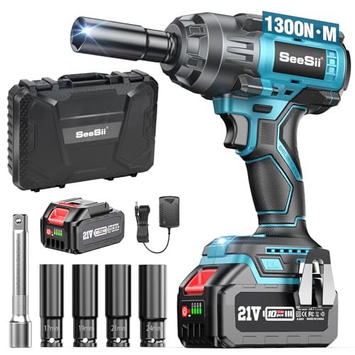 2025新型 SEESII 電動インパクトレンチ タイヤ交換 インパクト強力 1300N.m BLモーター採用 1|2 トルクレンチ 自動停止モード 正逆切替無段変速 LEDライト 4000mAhバッテリー一個 4本ソケット付き 車用 自動車の修理 ナッmp