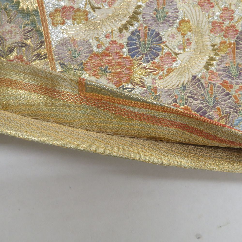 袋帯 ゴールドｘ多色 花鳥風月模様 金糸銀糸 六通柄 正絹 仕立て上がり 着物帯 長さ448cm 【キモノオフ野々市若松店】 袋帯 ゴールドx多色 花鳥風月模様 金糸銀糸 六通柄 正絹 仕立て上がり