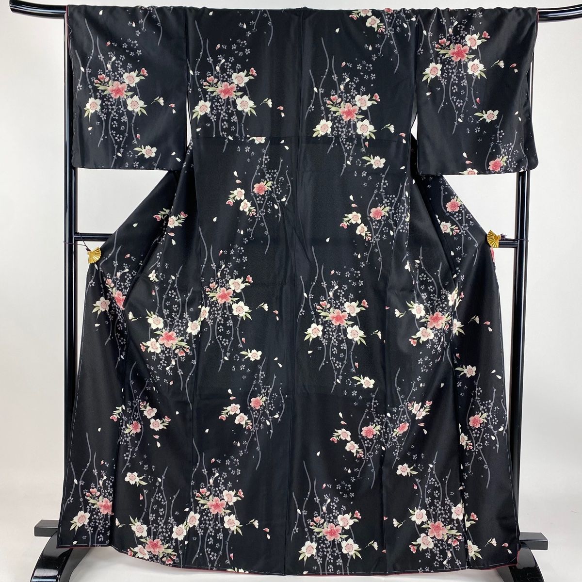 小紋 着物 袷 黒紺色 桜 葉 カジュアル 裄66.5 Ｌ 新古品 sn1371 小紋 着物 袷 黒紺色 桜 葉 カジュアル 裄66.5 L 新古品 sn1371