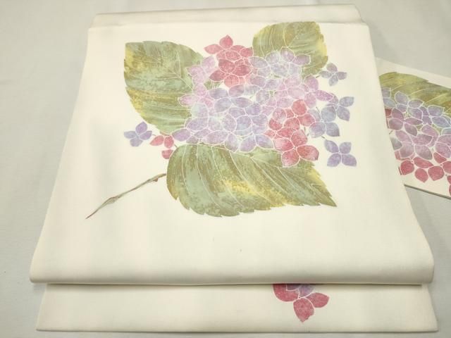 平和屋着物○塩瀬 九寸名古屋帯 手描き 刺繍 紫陽花 正絹 逸品