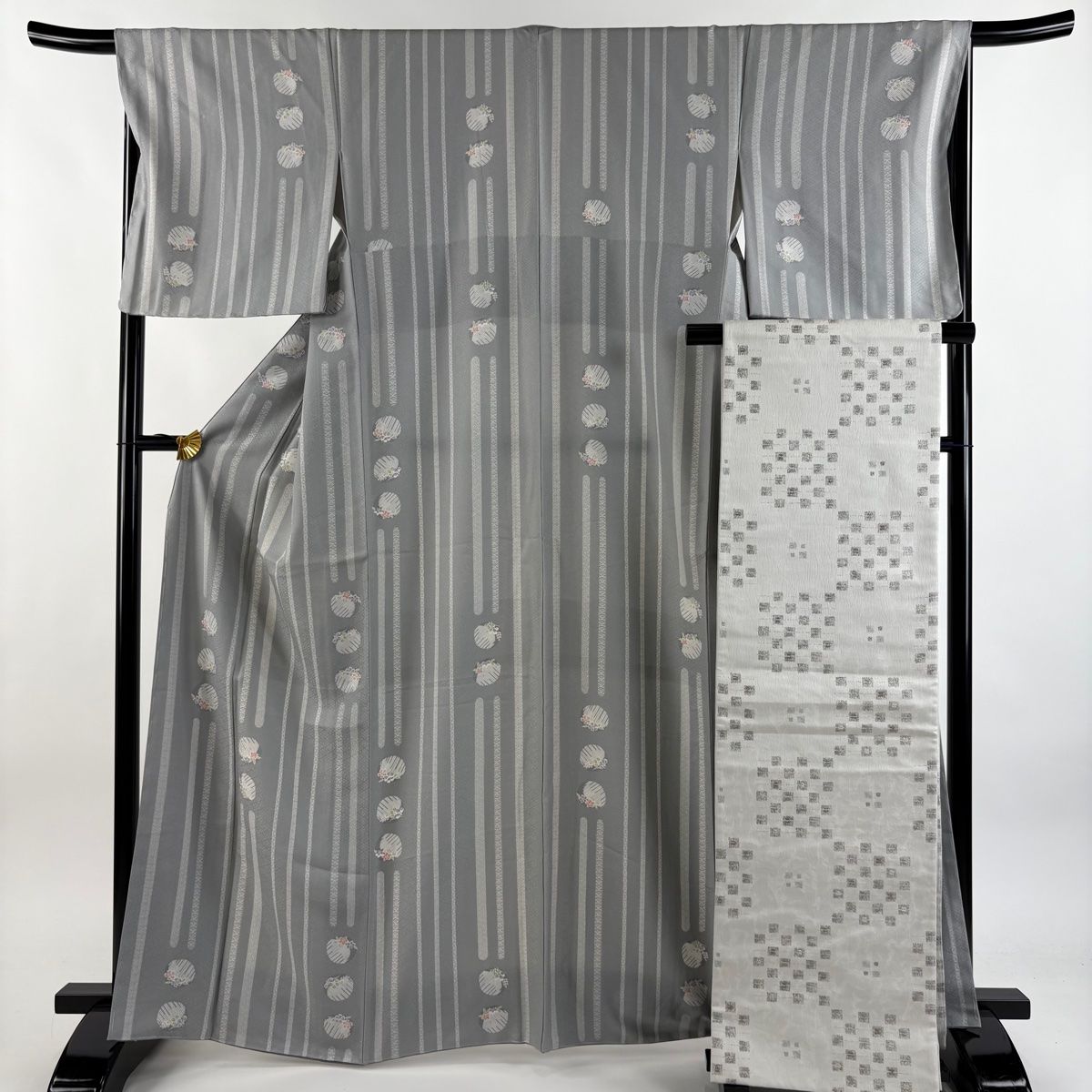 小紋 身丈164cm 裄丈67cm M 袷 袋帯セット 縞 草花 灰色 正絹 秀品