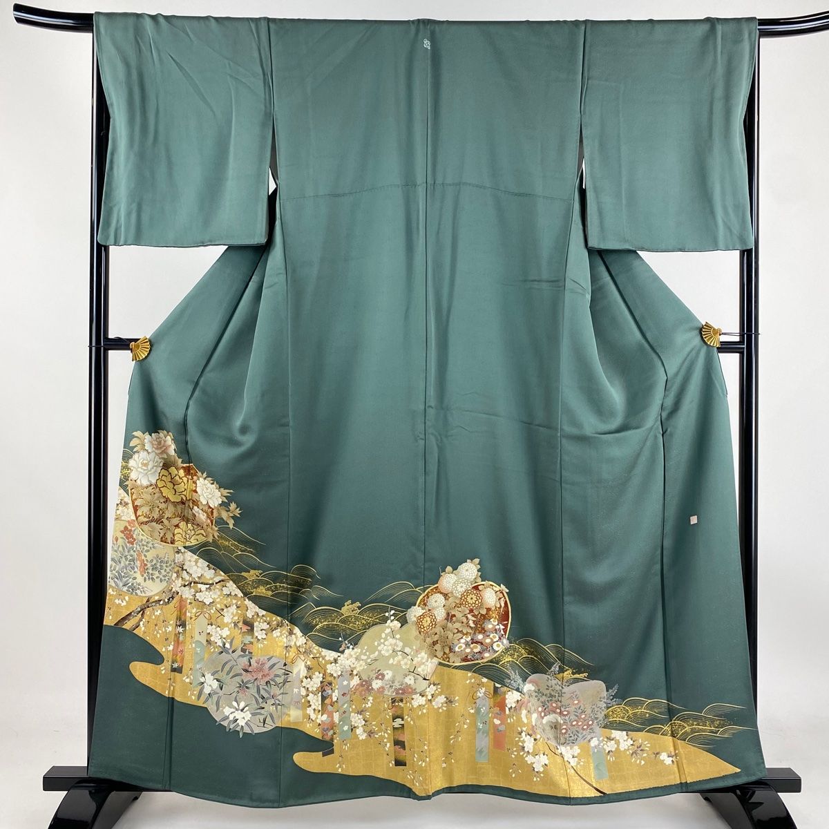 色留袖 身丈160cm 裄丈68cm L 袷 落款 団扇文 牡丹 金彩 灰緑