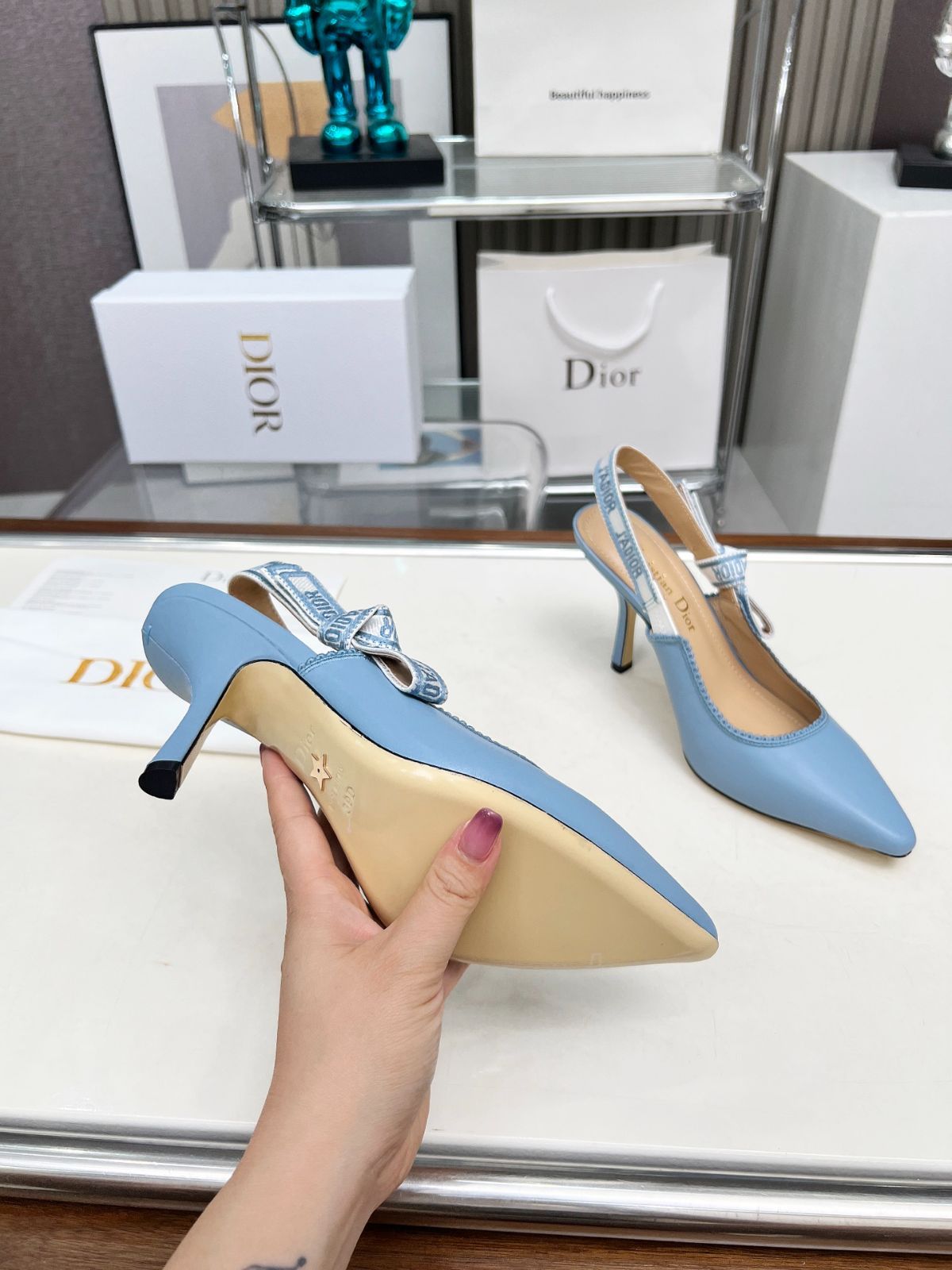 Dior 刺繍ハイヒール アルファベットロゴリボンサンダル09-3