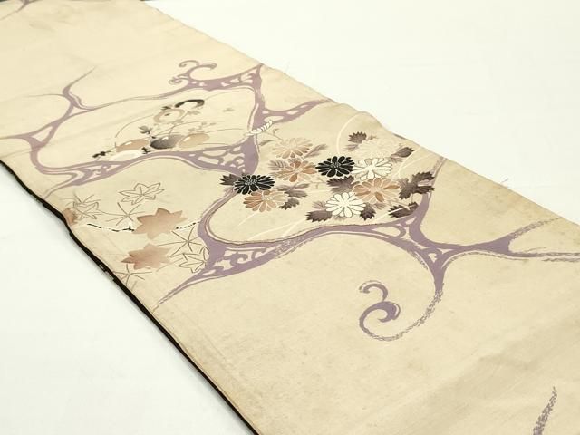 平和屋着物●アンティーク 大正ロマン 両面 全通柄京袋帯 駒刺繍 水面草花文 正絹 DAAW6851ob