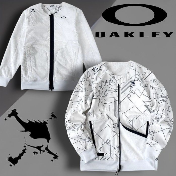 OAKLEY オークリー スカル シェルパフリース切替 グラフィックプリント ネックウォーマー付き 2wayリバーシブル ウィンドジャケット ブルゾン ゴルフウェア FOA404239 定1.9万 ホワイトプリント ▲053 40220m03