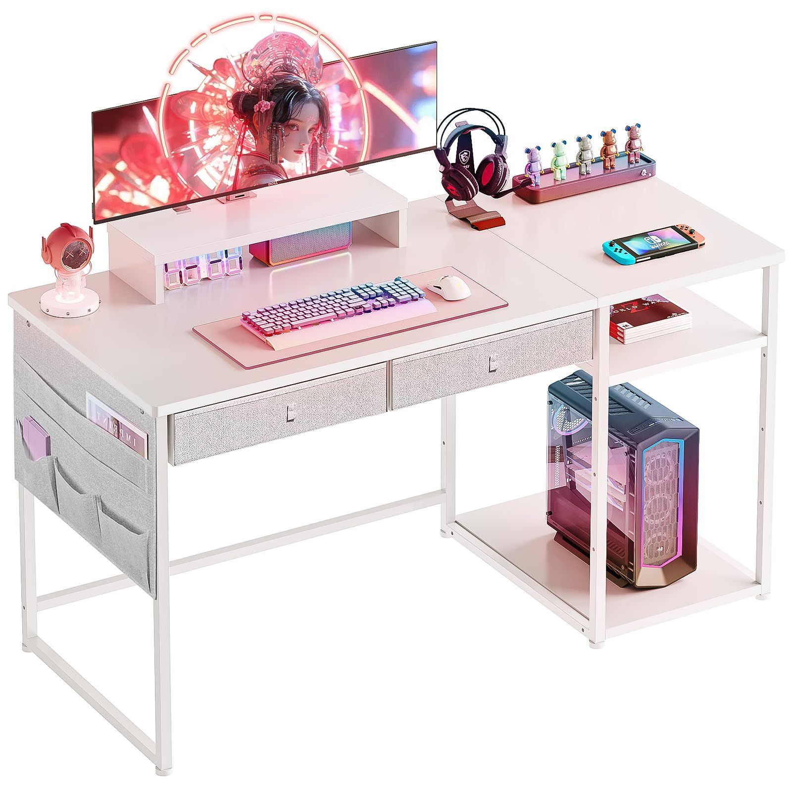 YeTom ゲーミングデスク つくえ 机 pcデスク パソコンデスク 幅140cm×奥行60cm desk ラック付きデスクdesk 子 デスク 引き出し付きデスク テレワークデスク 白い