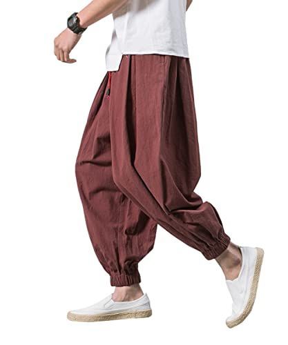 3XL_レッド FOMANSH メンズ サルエルパンツ 9分丈 綿麻 無地 ガウチョパンツ カジュアル ワイド ゆったり 夏