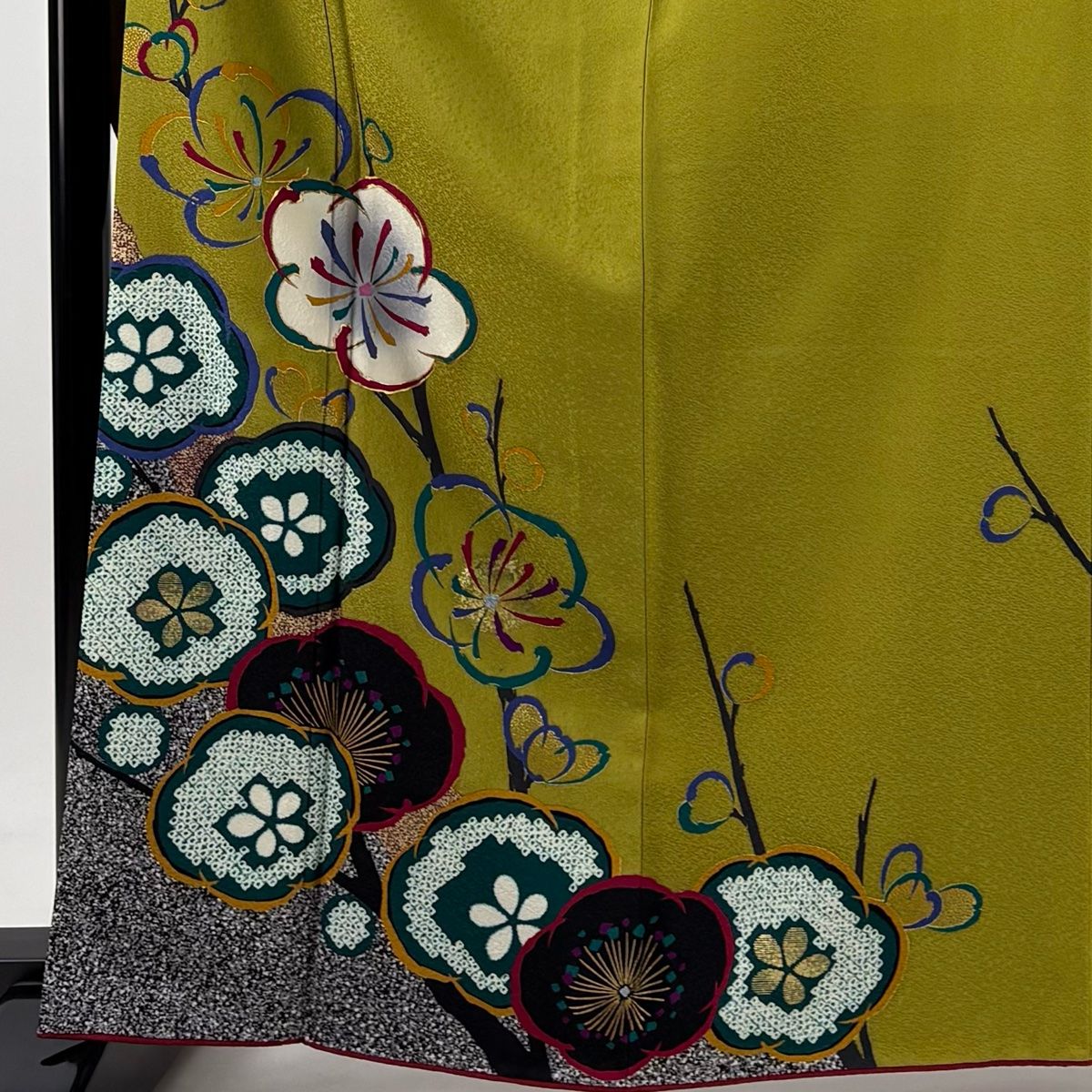 振袖 身丈164cm 裄丈66cm M 袷 梅 金銀彩 よもぎ色 正絹