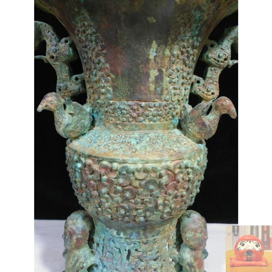 中国古美術.珍品旧蔵.青銅器.細密彫.獣耳樽.装酒器 .祭祀礼器