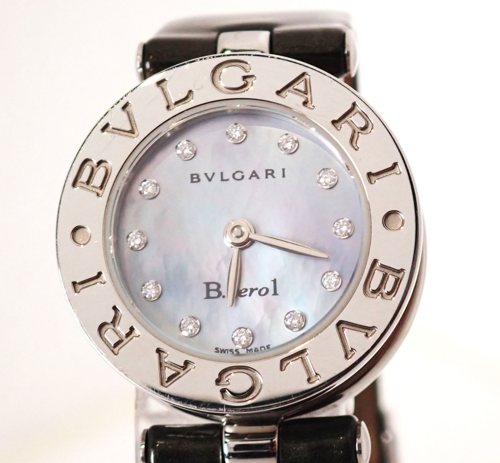 定価27万円↑BVLGARI(ブルガリ) B-zero1 BZ22S 12Pダイヤ ブルー シェル文字盤 クオーツ 時計 レディース 585-1