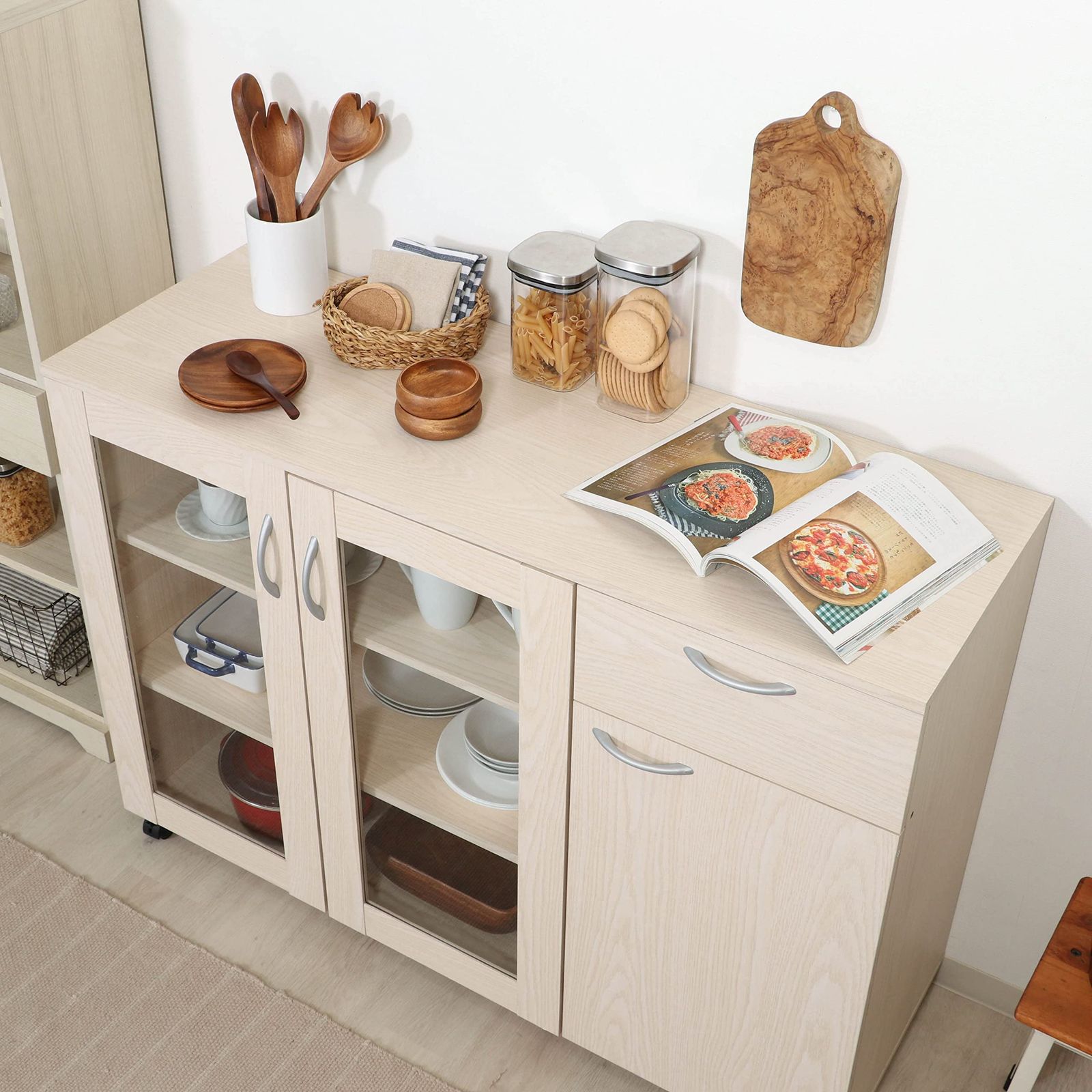 キャスター付き 木目調 オーク 幅115.2×奥行39.8×高さ84㎝ 86965 キッチン収納 食器棚 不二貿易