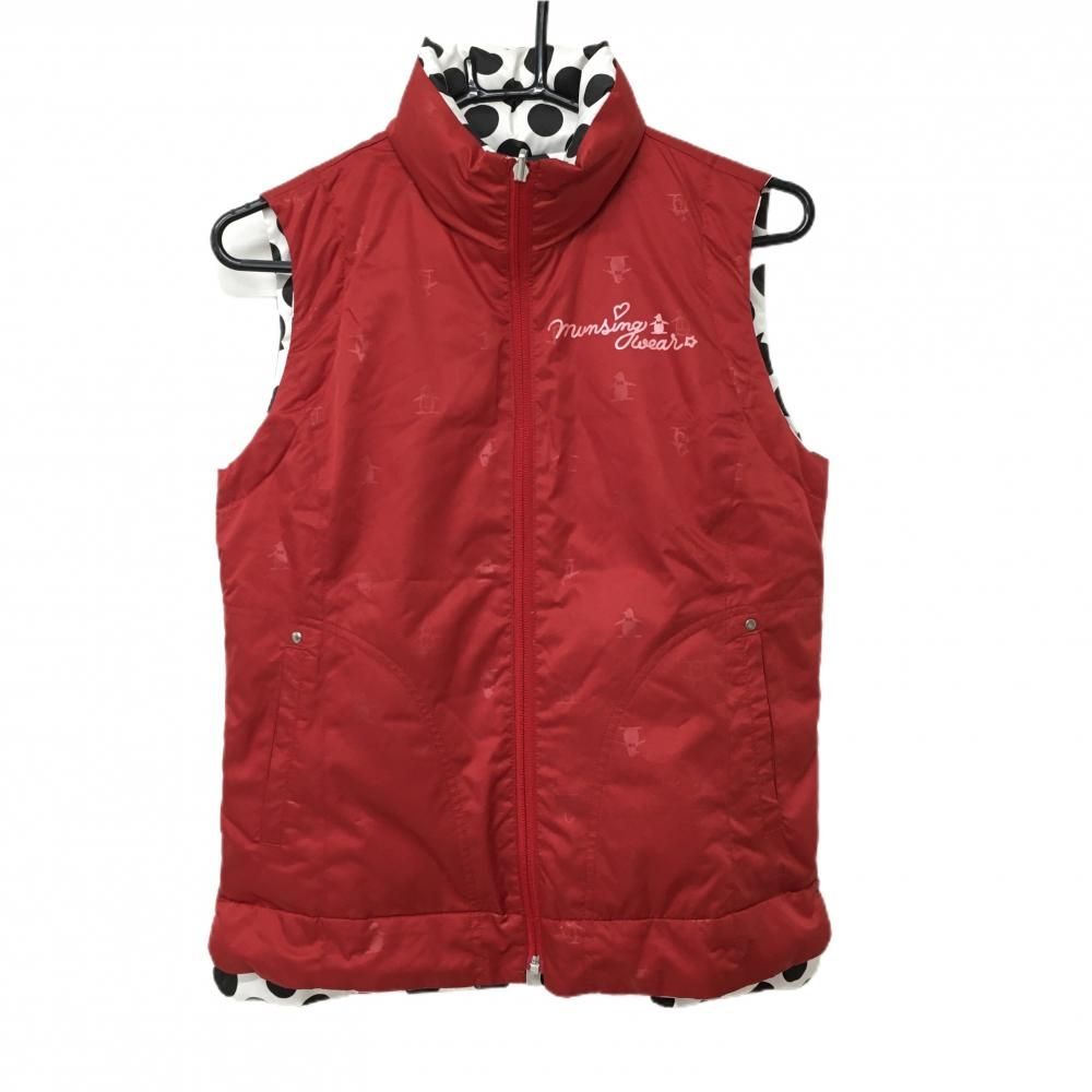 【超美品】マンシングウェア リバーシブルダウンベスト レッド×白 ロゴ総柄 ドット ダウン80％ レディース M ゴルフウェア Munsingwear