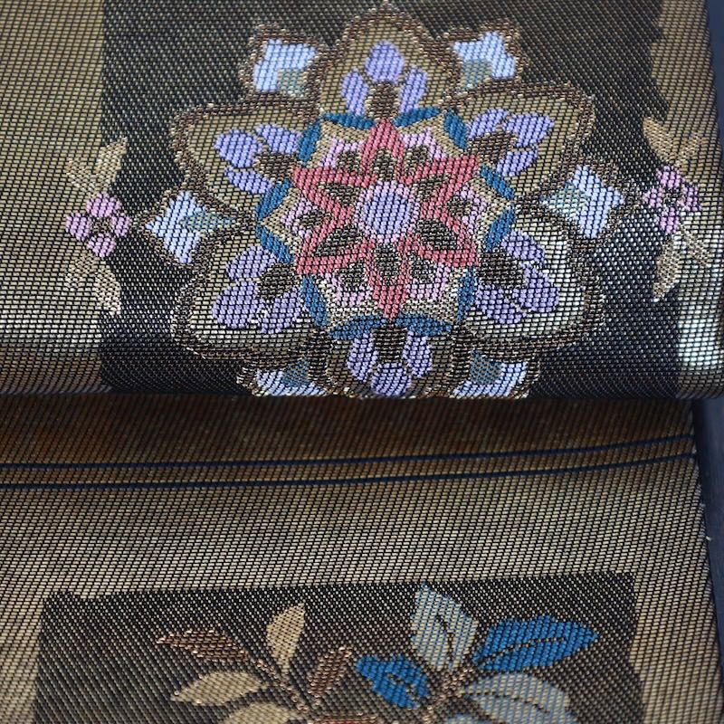 名古屋帯 丸に鶴 松葉模様 千種色 縮緬 O-5541