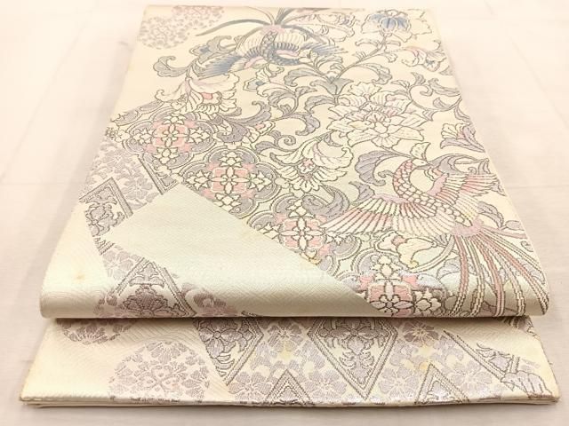平和屋着物◎六通柄袋帯 プラチナ箔 鳳凰更紗花文 正絹 逸品 