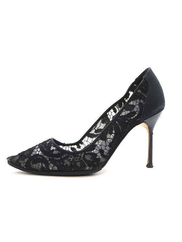 【Manolo Blahnik】レース黒 ハイヒール (37.5) MANOLO BLAHNIK マノロブラニク レースパンプス ブラック 38 1/2