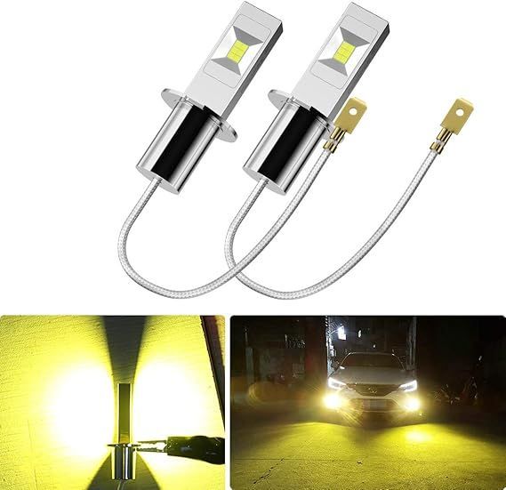 LEDフォグランプ H3 黄色 イエロー-ポーペ(POOPEE) 60W 1200LM 3000K 12V/24V兼用 無極性 CSPチップ搭載 両面発光 2本セット