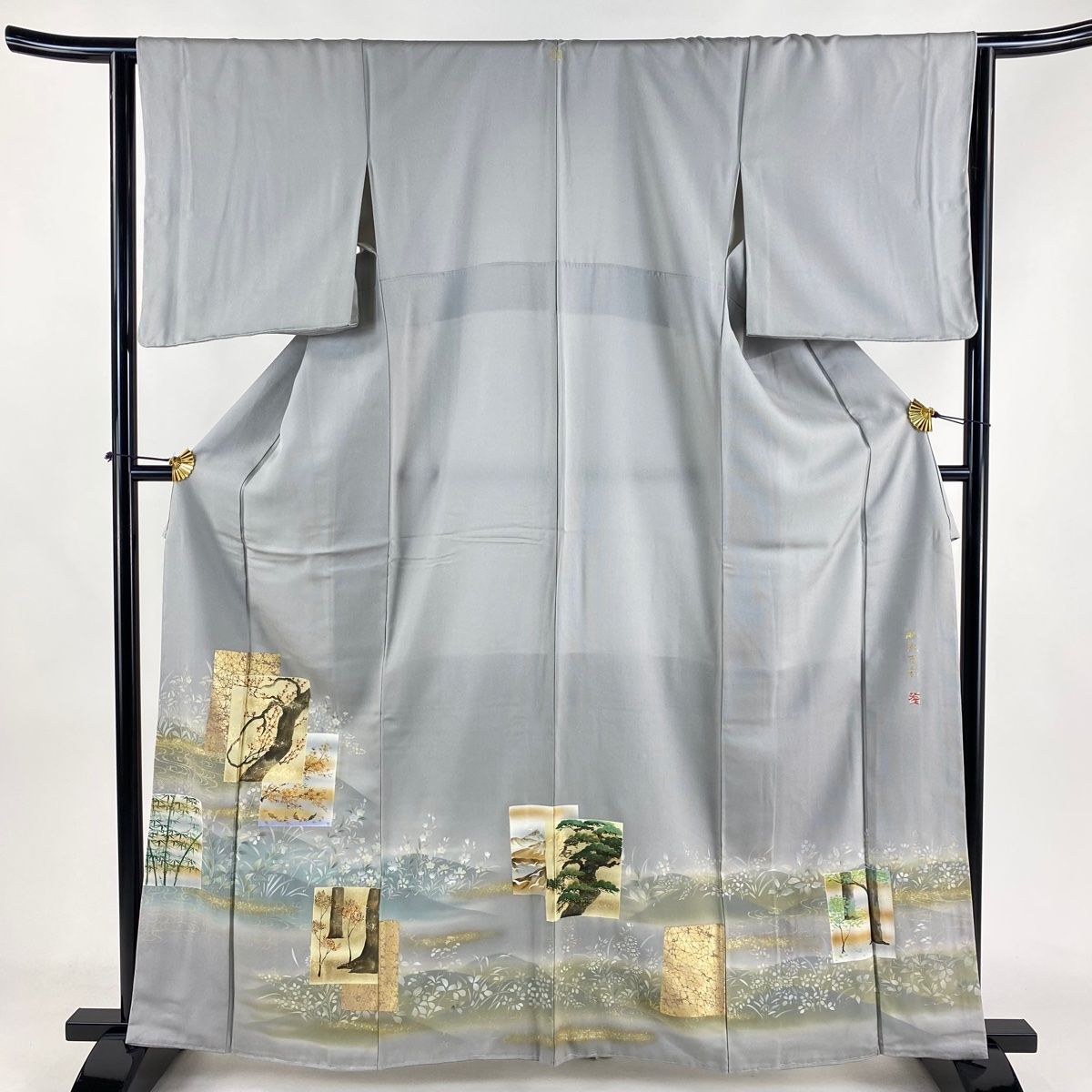 色留袖 身丈162cm 裄丈64cm M 袷 落款 色紙 松竹梅 金銀彩 ぼかし 灰色 正絹 秀品 一つ紋