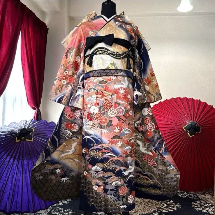 振袖フルセット 7点 古典柄 御所車花文 金駒刺繍 飛鶴 FS047