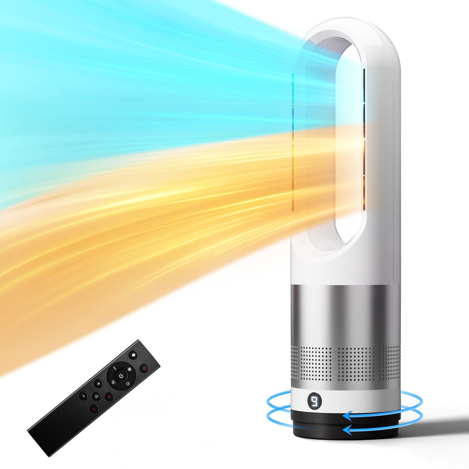 タワーファン 通年使え 空気循環 8段階送風 3段階温風 羽なし DCモーター 大風量 80°首振り 切タイマー 温度調整 暖房器具 10畳対応 寝室 リビング 書斎 オフィス 脱衣所用 PSE認証済み タイマー機能 リモコン付 ホワイト