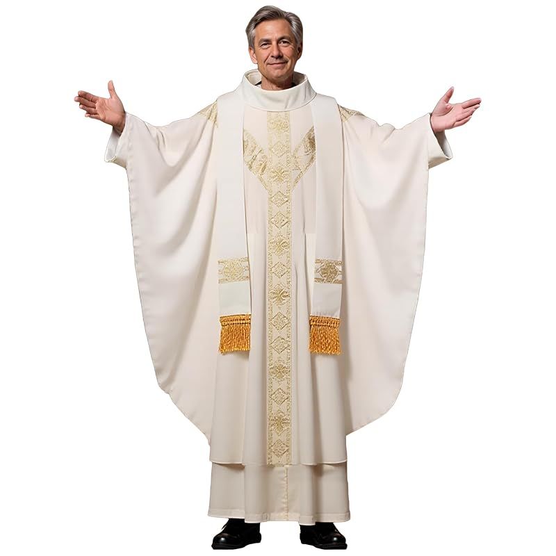 ANDHOM 神父 司祭 コスプレ セット メンズ 聖職者 牧師 礼拝 ミサ用 ストール付き 丸襟ローブ ハロウィン 衣装 服 グローブ 十字架 大人用 なりきり 学園祭 コスチューム かっこいい 仮装 ホワイト 白 Father 宣教師 修 0