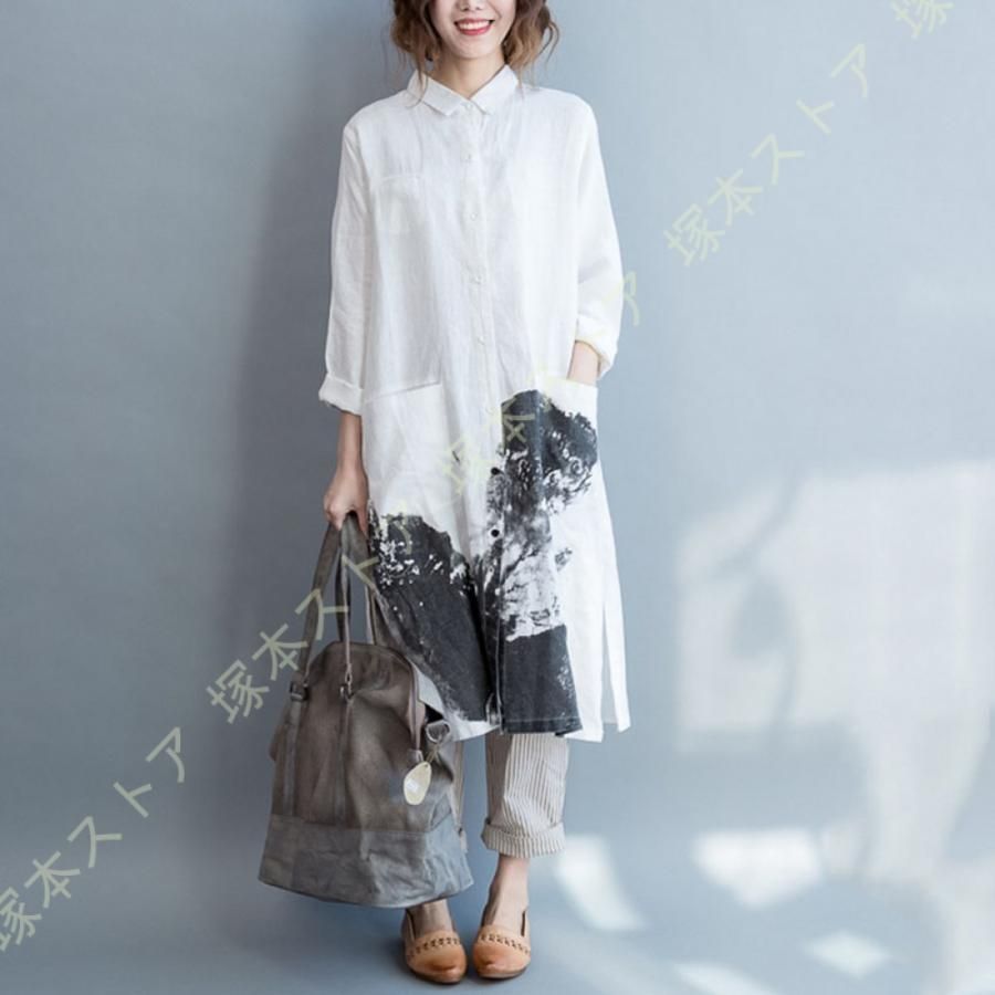 ボタン 大人 長袖 シャツ ロングシャツ トップス ロング 7分袖 ポケット リネンシャツ 大きいサイズ 体型カバー 丸襟 チュニック お尻が隠れる きれいめ 白 ポケット 大人 長袖 シャツ ロングシャツ トップス ロング 7分袖
