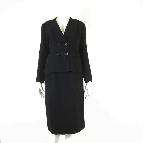 Bleu Ciel ブルーシエル ウールン商会 ブラックフォーマル スカートスーツ セットアップ ダブル ジャケット ミモレ丈 スカート M 9 黒 ブラック 冠婚葬祭