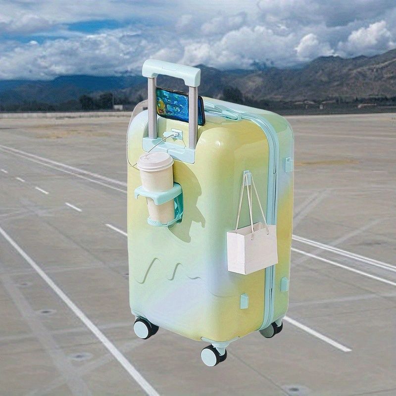 新着商品 旅行に便利な充電 なスーツケース カップホルダー＆大容量収納付き - 50.8|60.96|66.04cm ライトイエローからブルーのグラデーションデザイン アirport＆ロードトリップに最適 機能的なスーツケース|USBポート付きの荷物 旅