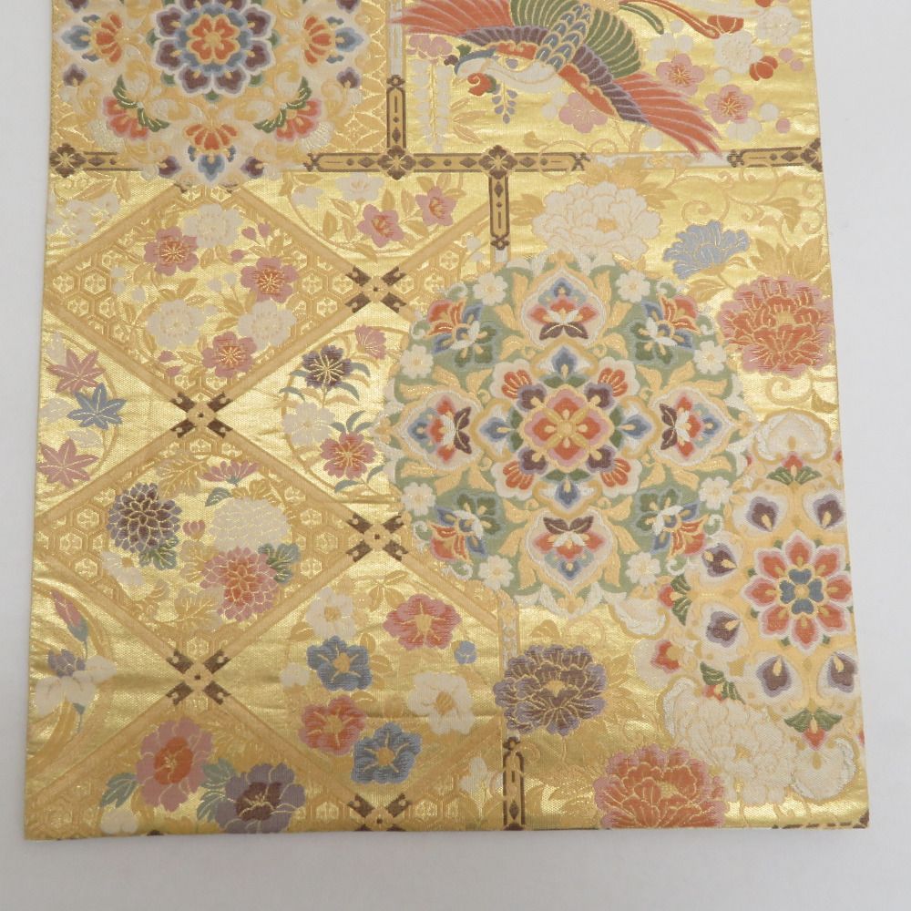 袋帯 正絹 金糸 金色x緑色x多色 鳳凰に華文紋様 六通柄 フォーマル