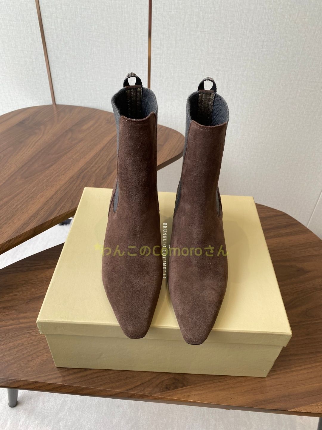 ダークブラウン23.0~24.5cm 送料無料 ブルネロクチネリ レディース ポインテッドトゥ チェルシーブーツ スエード キトンヒール エレガント