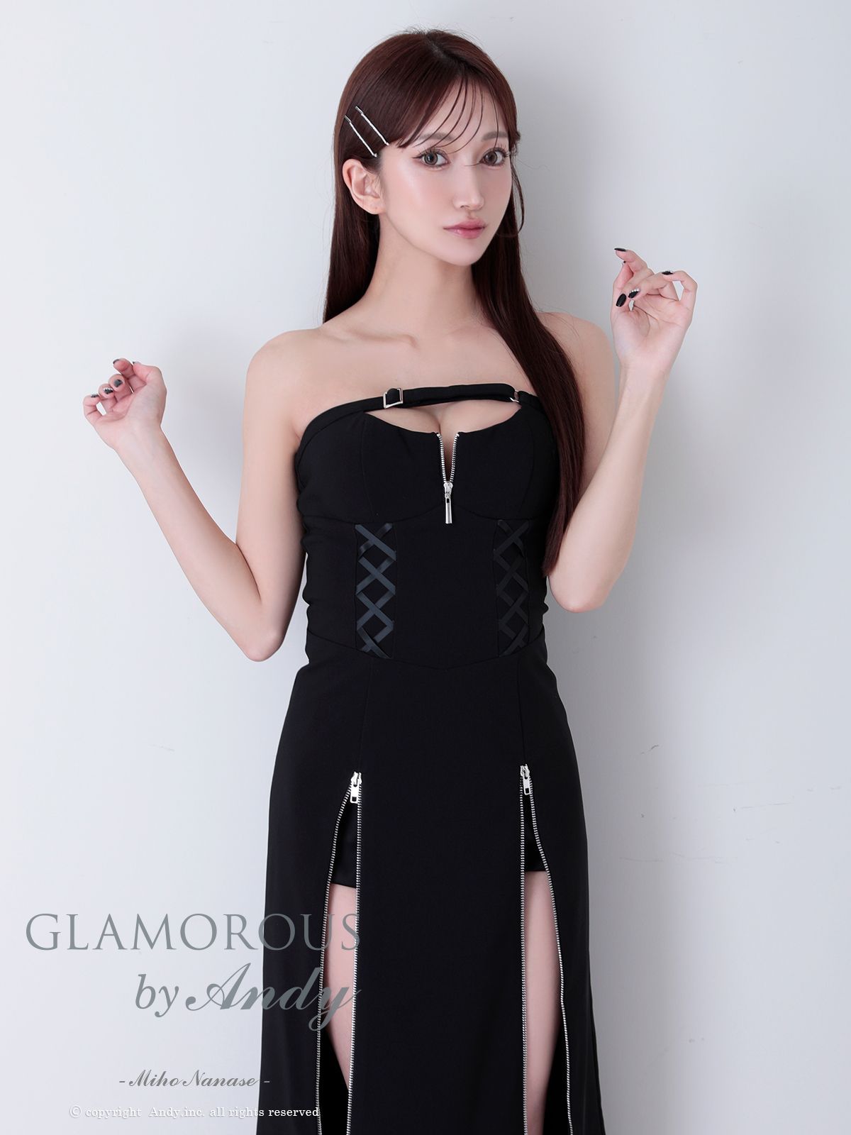 Mグレー GMS-V892 GLAMOROUS by Andy グラマラスバイアンディ ストレッチ バストカット ベルト ジッパー 編み上げ リボン ベア 裾ジップ スリット フ ロングドレス キャバドレス ワンピース MAAHADDERANG_COM