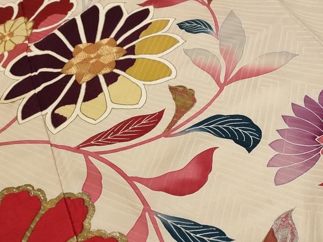 (あ782)超豪華✨アンティーク振袖㊗️青緑の荒波文様 菊手刺繍 ③点セット 平和屋着物□豪華振袖 駒刺繍 更紗花文 金彩 正絹 逸品