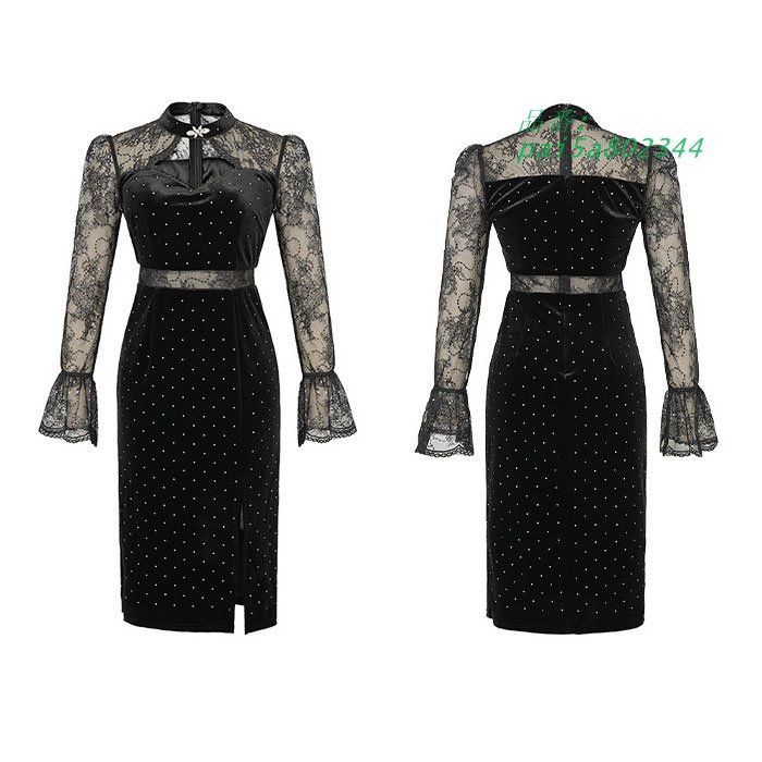 ベロア仕立て膝丈タイトドレスワンピース 黒