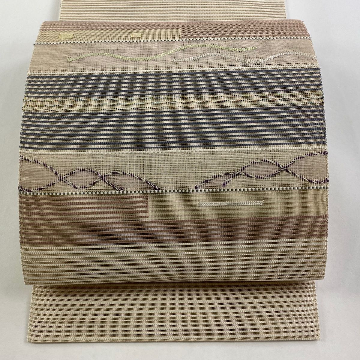 名古屋帯 秀品 八寸名古屋帯 夏帯 縞 よろけ縞 金銀糸 ベージュ 正絹