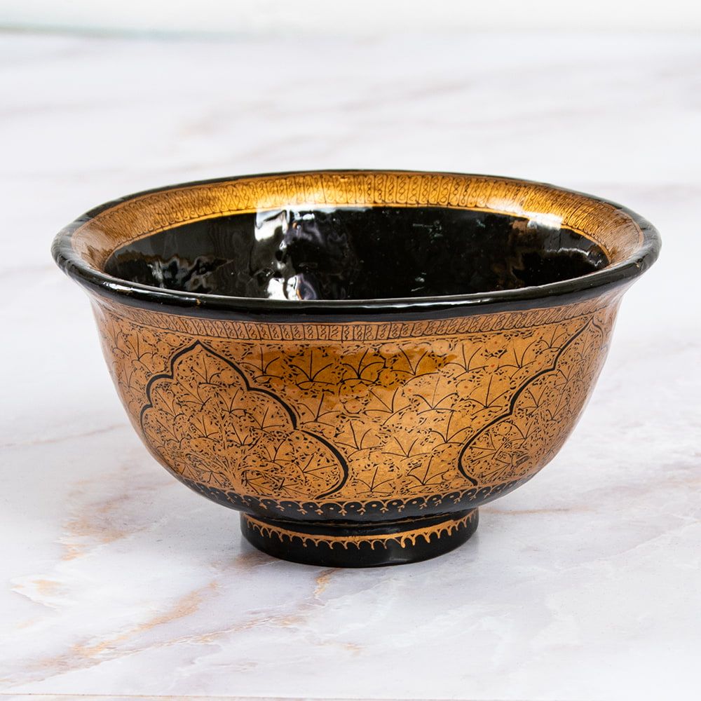 超高精細・一点もの】カシミールのペーパーマッシュ 黒地に黄金の樹 椀型