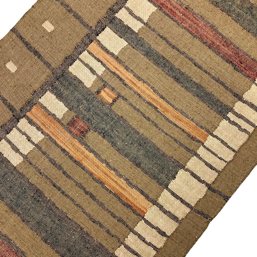 名古屋帯 真綿紬 横縞に四角柄 豆殻茶色 O-5573