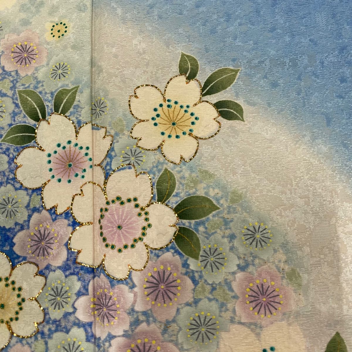 振袖 身丈160.5cm 裄丈66cm M 袷 桜 流水 箔 金彩 水色 正絹 秀