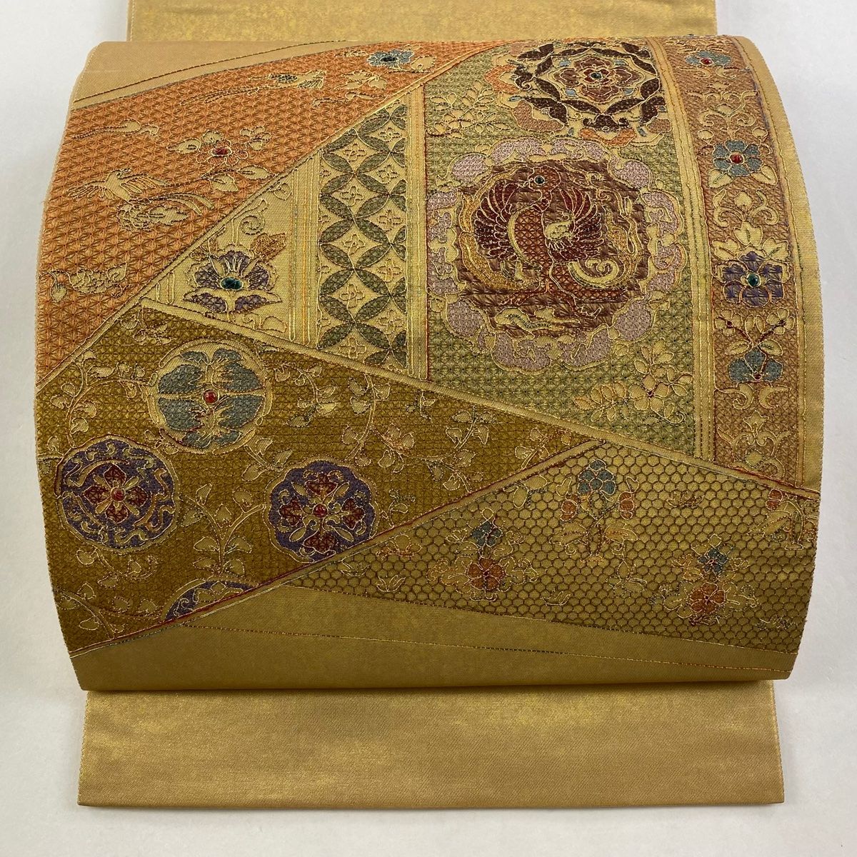 袋帯 秀品 花鳥 七宝 金糸 箔 金色 お太鼓柄 正絹