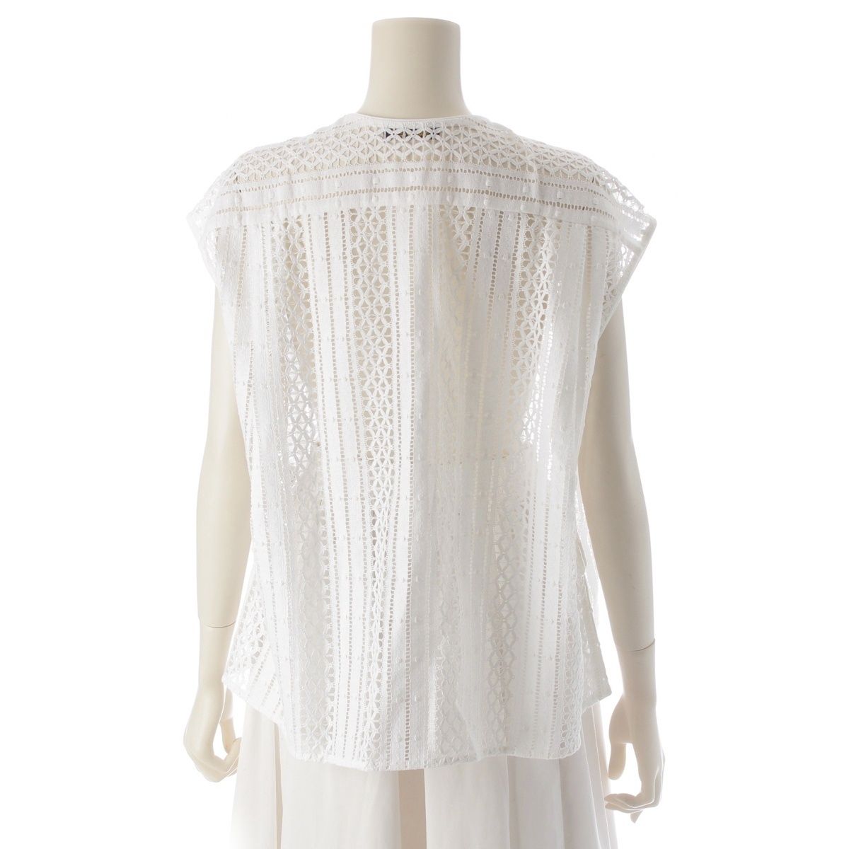  ドゥロワー 24 SS コットン エンブロ レース ストライプ フレンチスリーブ ブラウス トップス 6521-299-1185 ホワイト ノースリーブ シャツ ブラウス