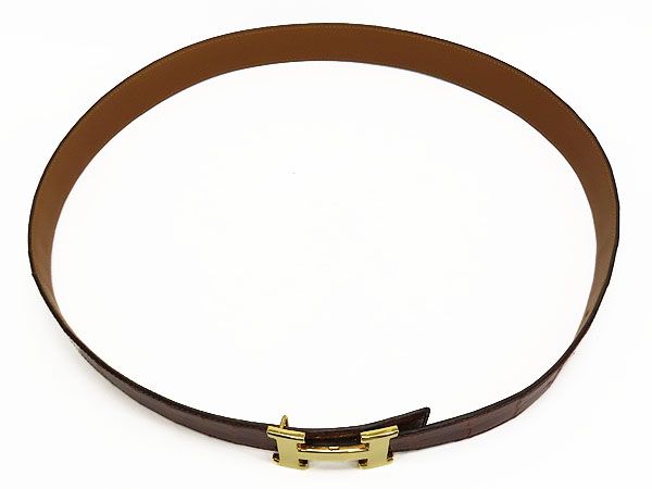 【レア美品】エルメス　HERMES　ヴィンテージ　コンスタンス　アリゲーター クロコダイル　Hベルト　リバーシブル　32MM 90　ブラウン 赤茶 ゴールド金具　〇U