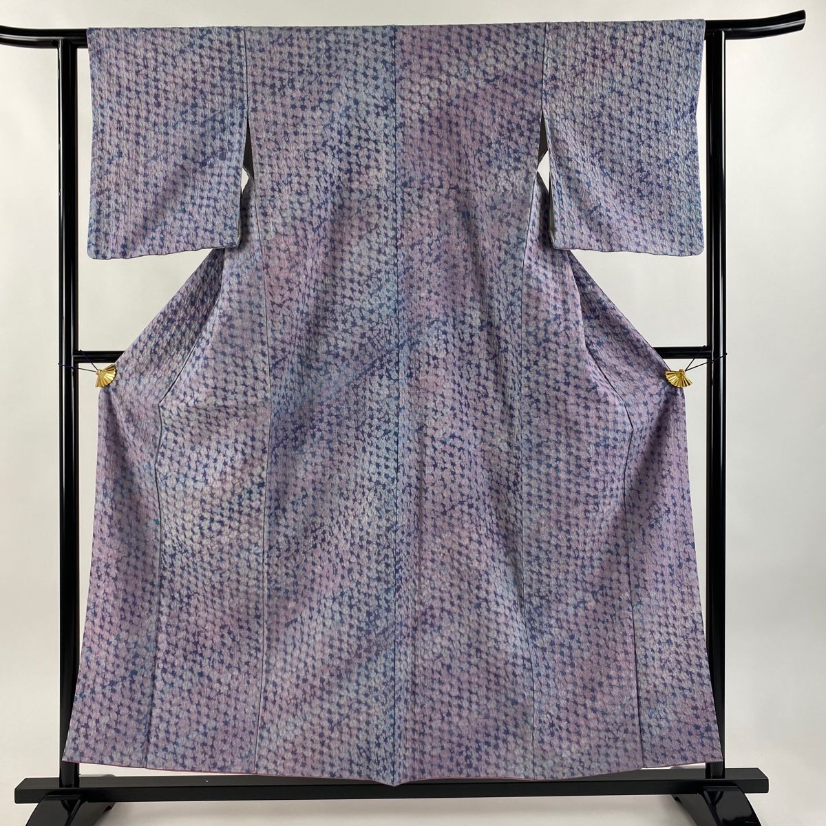 小紋 身丈156cm 裄丈62cm S 袷 菅原結 紬地 漢方染 落款 幾何学模様 絞り 青紫 正絹